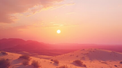 The sun is setting over a desert landscape, casting a warm glow on the sandy terrain