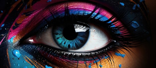 Closeup of a womans eye with vibrant purple eye shadow and eyeliner, showcasing her beautiful...