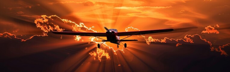 A small plane is flying through a sunset. The sky is filled with clouds and the sun is setting