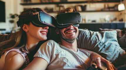 Smiling young man and woman in casual clothes wear the virtual reality glasses are watching and showing imagine via the VR camera, Technology and innovation concept - obrazy, fototapety, plakaty