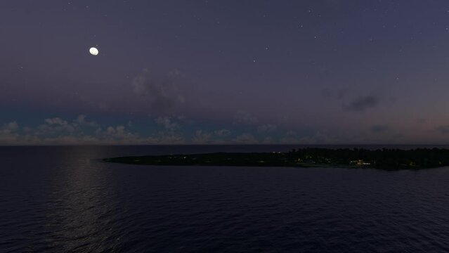 Night drone aerial view of Vaadhoo North Beach island. Maldives