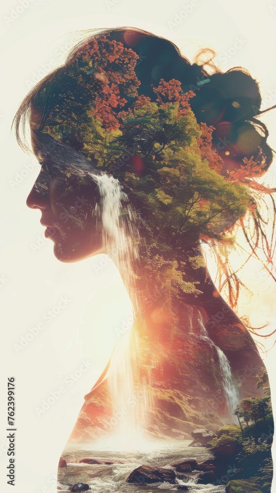 Poster a womans face in the foreground is juxtaposed with a stunning waterfall in the background. the seren