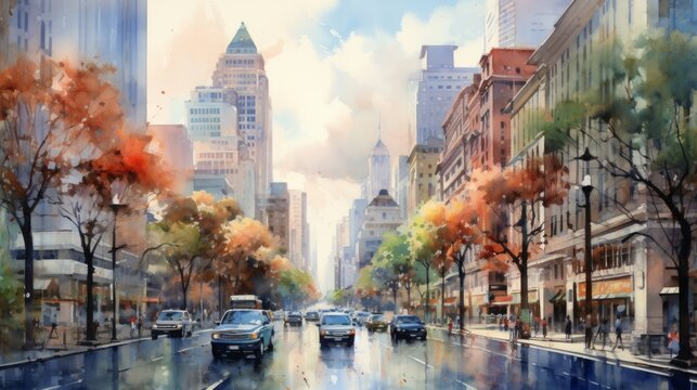 Generative AI A vibrant cityscape with towering skyscrapers and bustling streets. landscape watercolor