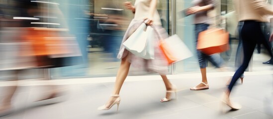 Blurred view of woman with shopping bags.