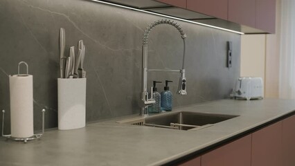 Modern kitchen countertop with various items and appliances. There's a professional-looking kitchen faucet with a flexible neck, which is often referred to as a pull-down faucet.