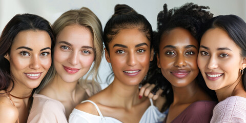 Obraz premium Portrait of group of multiracial women posing together against a grey background. Multiracial females standing together looking at camera and smiling. Multi-ethnic beauty. Different ethnicity women