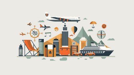 Travel elements cartoon illustration - plane, cruise boat, luxury car, with a tropical island landscape, vacation, travel agency