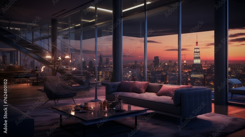 Poster generative ai exclusive penthouse suite with a private elevator and rooftop access.