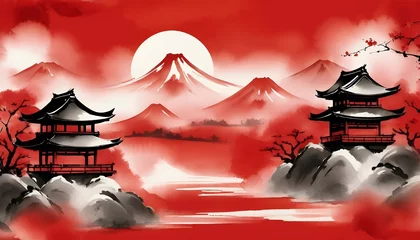 Poster Red Japan traditional sumi e wood painting with copy space background © BACKART