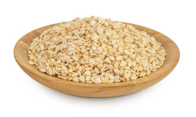 Sesame seeds in wooden bowl isolated on white background with full depth of field