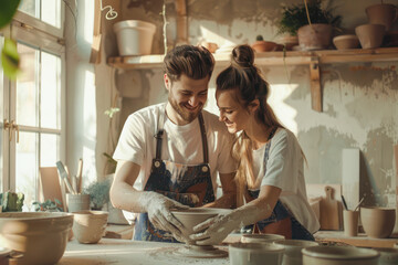 Young couple create pottery sculpture with hands on a pottery wheel from grey clay. Ceramics store, small family business. Pottery workshop, hobby, romantic date. Ceramist teacher - obrazy, fototapety, plakaty