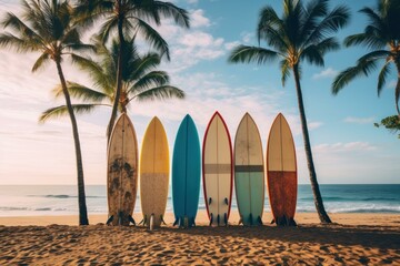 Sparkling Row of surfboards on beach. Palm travel. Generate Ai