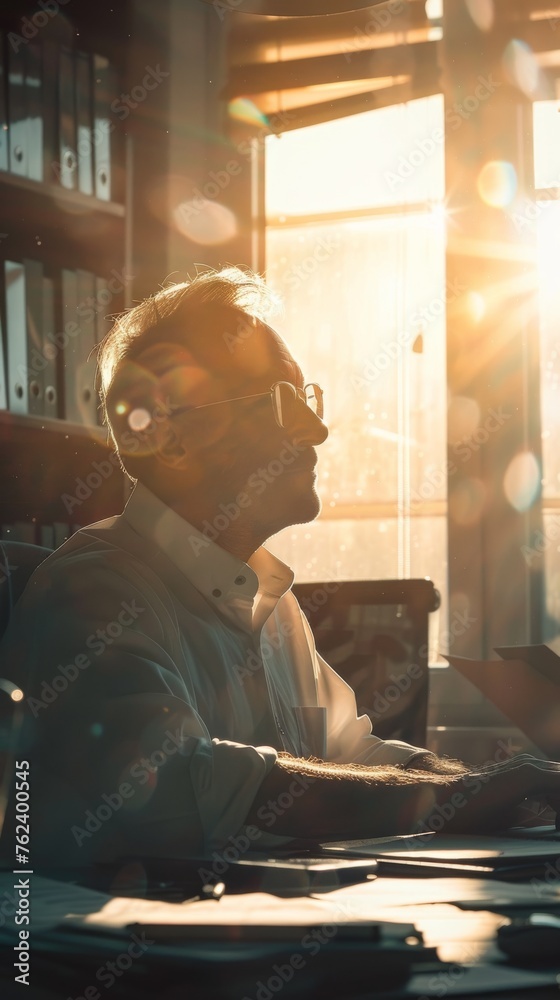 Poster a man is seated at a desk, working on a laptop computer. he appears focused on the screen, with pape