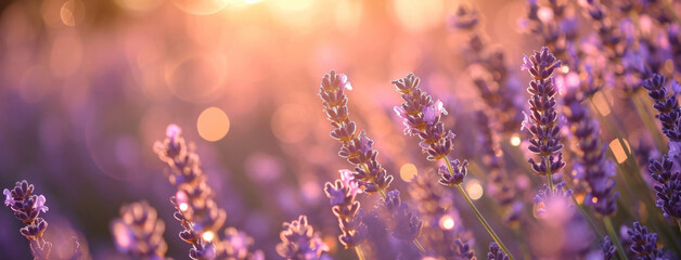 Lavender flowers at sunlight in a soft focus, pastel colors and blur background. Violet lavender field in Provence with place for text on the right. French lavender in the garden, soft light effect.