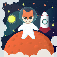 Cat astronaut in space. Space adventures. Vector illustration.