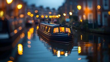 Tranquil Canal at Dusk: Narrowboat Illuminated by Warm Lights against Amsterdam's Cityscape - obrazy, fototapety, plakaty