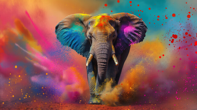  elephant at the annual elephant festival in India . Animal covered on holi paints . Travel holi festival