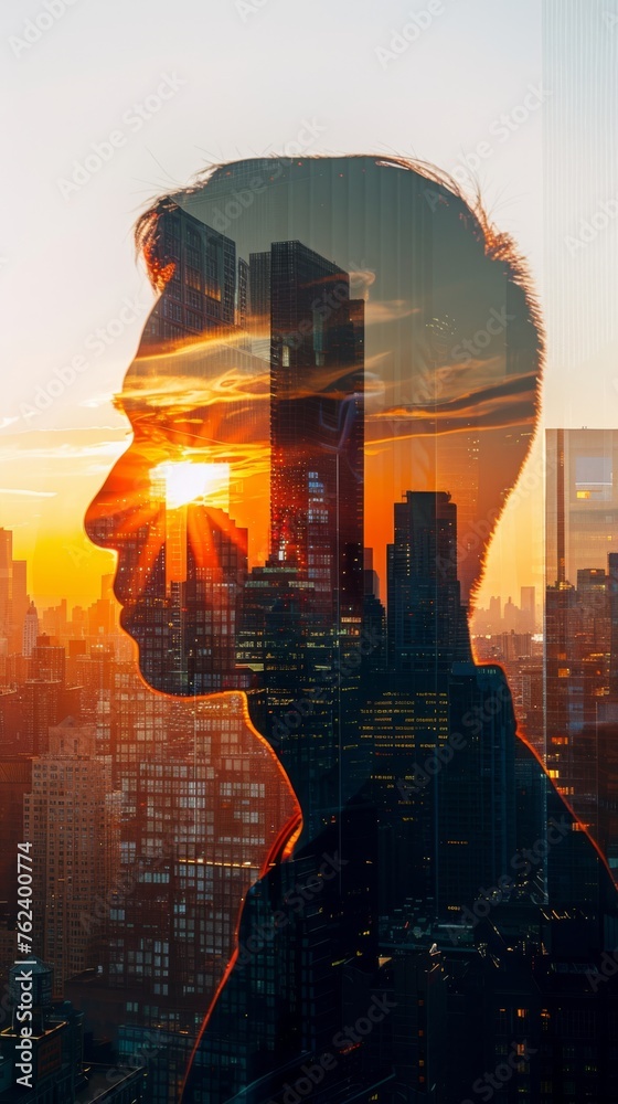Poster a double exposure capturing the profile of a mans face superimposed over a cityscape during a vibran