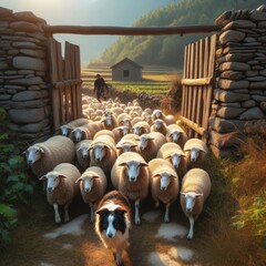 Collie dog helps round up and herd sheep into farm
 - obrazy, fototapety, plakaty