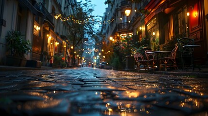 Romantic Parisian Night: Cobblestone Street Glowing with Cafe Lights in Rain - obrazy, fototapety, plakaty