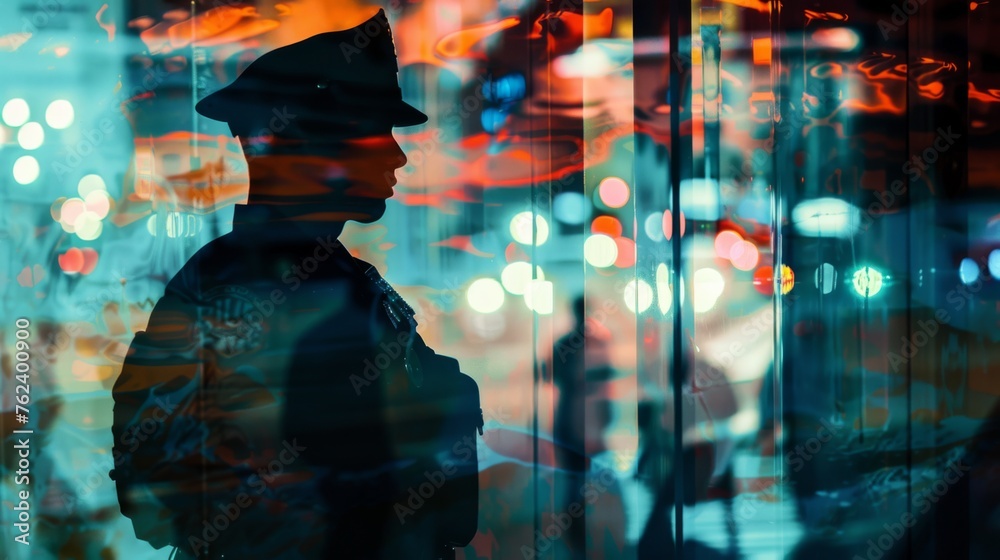Poster a man standing in front of a window, the image is blurred. he appears to be gazing outside, his silh