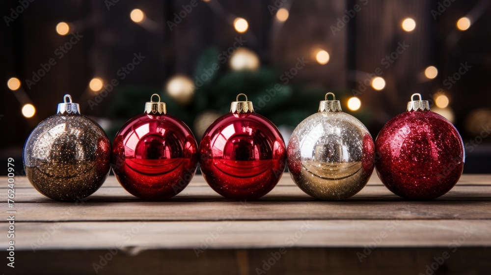 Poster generative ai row of bright red and silver christmas ornaments, perfect for creating a festive holid