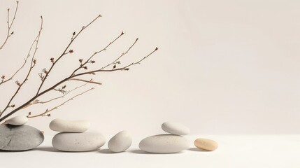 Neutral background with stones branch and natural colors ideal for beauty product.