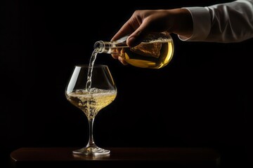 A man's hand pours white wine from a bottle into a glass