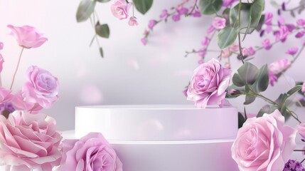 Podium background flower rose product pink 3d spring table beauty stand display.