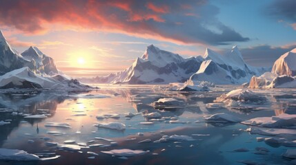 Generative AI Photorealistic Antarctic sunset panorama - obrazy, fototapety, plakaty