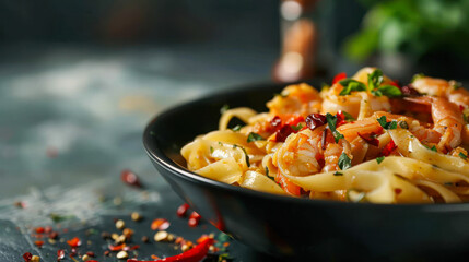 Italian pasta fettuccine in a creamy sauce with shrimp on a plate on dark background, side view....