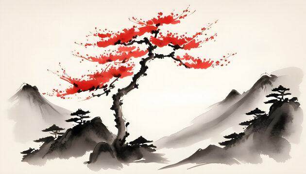 Red Japan traditional sumi e wood painting with copy space background