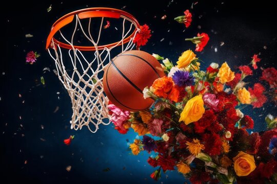 A basketball with a trail of flowers flies into a basketball hoop