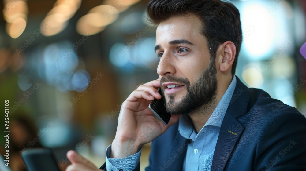 Poster a man with a beard is engaged in a phone conversation, holding a smartphone to his ear. he appears f