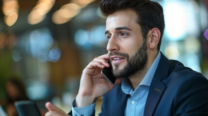 A man with a beard is engaged in a phone conversation, holding a smartphone to his ear. He appears focused and attentive while communicating.