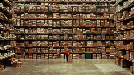 Wide shot of a worker scanning a box in front of a shelf at a distribution warehouse.