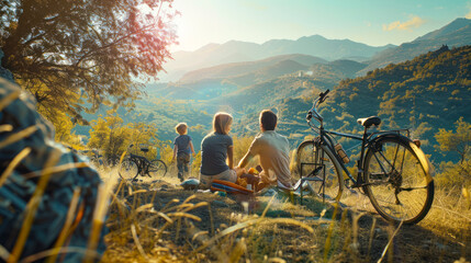 bike trip in mountains. Parents and their child eating a snack while taking a break on a mountain biking trip overlooking a mountain valley. Travel campsite and MTB cycling with backpack - obrazy, fototapety, plakaty