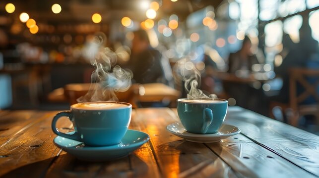 Steaming Blue Cappuccinos on a Rustic Wood Bar Counter in a Bustling City Cafe