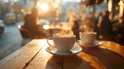 Steaming Cup of Coffee on Wooden Table in Outdoor Cafe during Golden Hour