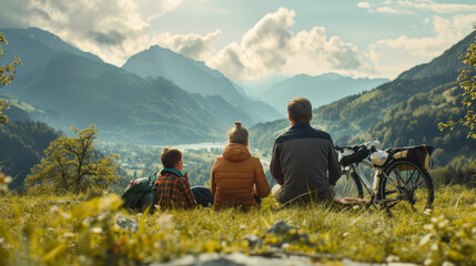 Fototapeta premium bike trip in mountains. Parents and their child eating a snack while taking a break on a mountain biking trip overlooking a mountain valley. Travel campsite and MTB cycling with backpack