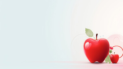 Red apples with leaves on a light gradient background. 3D render with copy space. Healthy eating and organic farming concept for design and print. Fresh fruit advertising poster