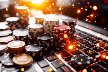 playing chips for bet on laptop keyboard. Concept of winning at online casino - obrazy, fototapety, plakaty