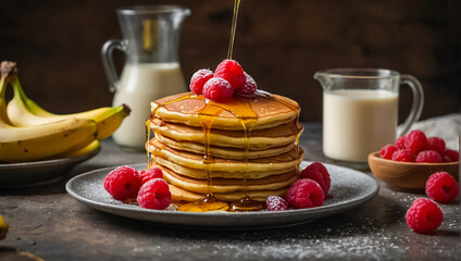 pancakes with raspberries, banana, milk on the table nutrition