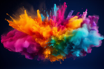 Explosion of vibrant Holi powdered colors for Indian Holi festival on dark black background. Celebration of colors and joy, blasts and sprinkles of colored powder