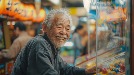 The old man a happy smile he played the game machines. - obrazy, fototapety, plakaty