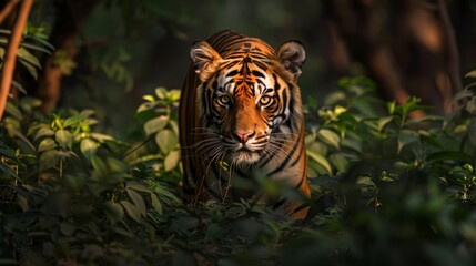 A tiger is walking through a forest with green leaves. The tiger is looking at the camera