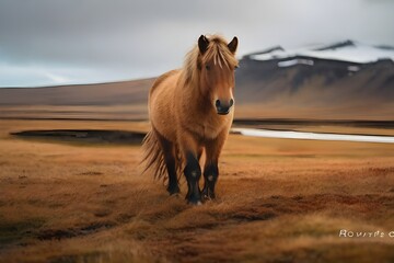 In the wild beauty of Iceland, amidst the winters snowy embrace, a majestic Icelandic horse roams freely, embodying the essence of natures untamed wildlife. Generative AI - obrazy, fototapety, plakaty