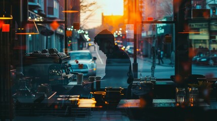 A man stands in front of a store window, looking at the display. The window reflects the surrounding buildings and street. The man appears to be observing the merchandise inside. - obrazy, fototapety, plakaty