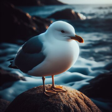 Seagull sits perched on a rock at shoreline
