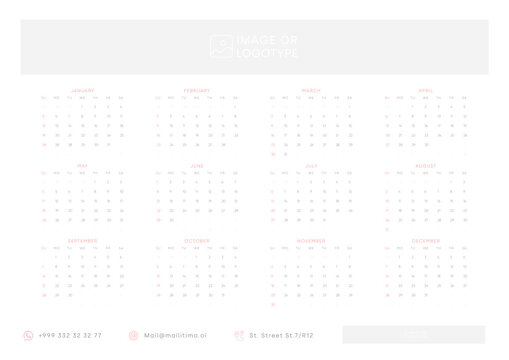 2025 One Page Calendar Template Design. Week Starts on Sunday 2025 Office Wall Calendar. Whole Year Planner With Empty Space. Corporate or Business 2025 Calendar. English Vector Calendar Layout .